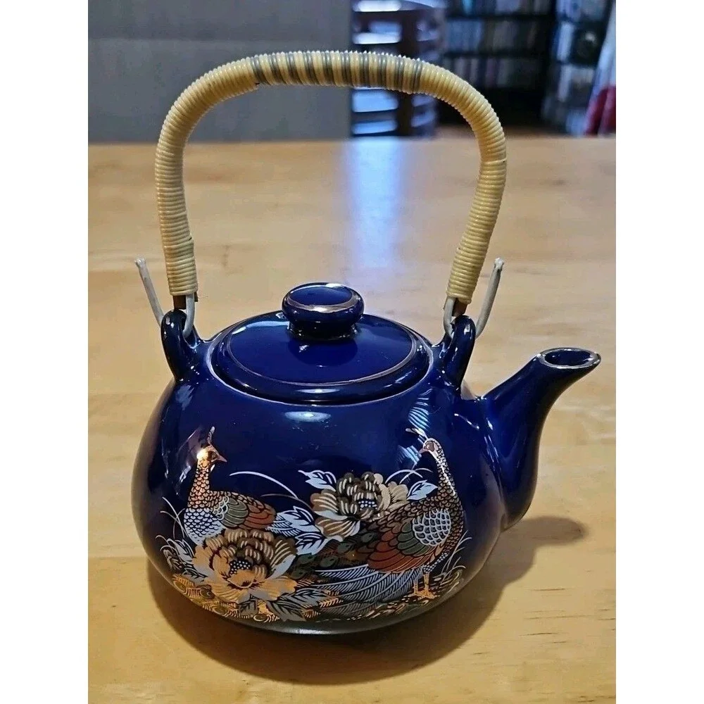 Vintage Japanese Cobalt Blue Tea Set With Gold Peacock Design - Teapot W/ 4 Cups